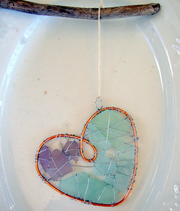 RESERVED FOR CATHY  Purple and Aqua Seaglass Heart Suncatcher