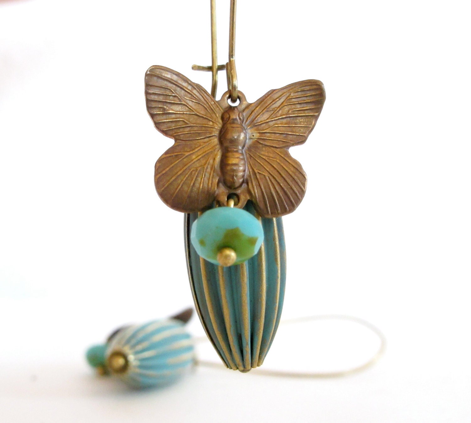 look vintage dangle earrings- verdigris metal olive piece with a butterfly Jewelry on Sale -Black Friday Etsy Cyber Monday Etsy