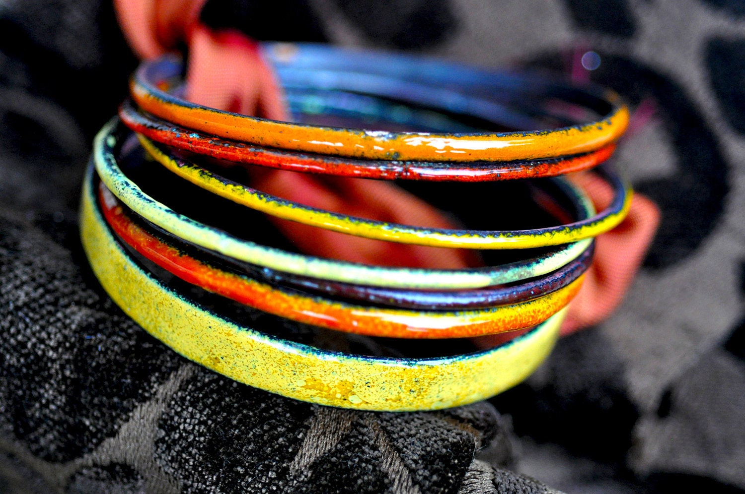 S A L E - Handcrafted Bangle Set - 'Jaffa' - Orange & Tangerine Toned Enamel Bracelets