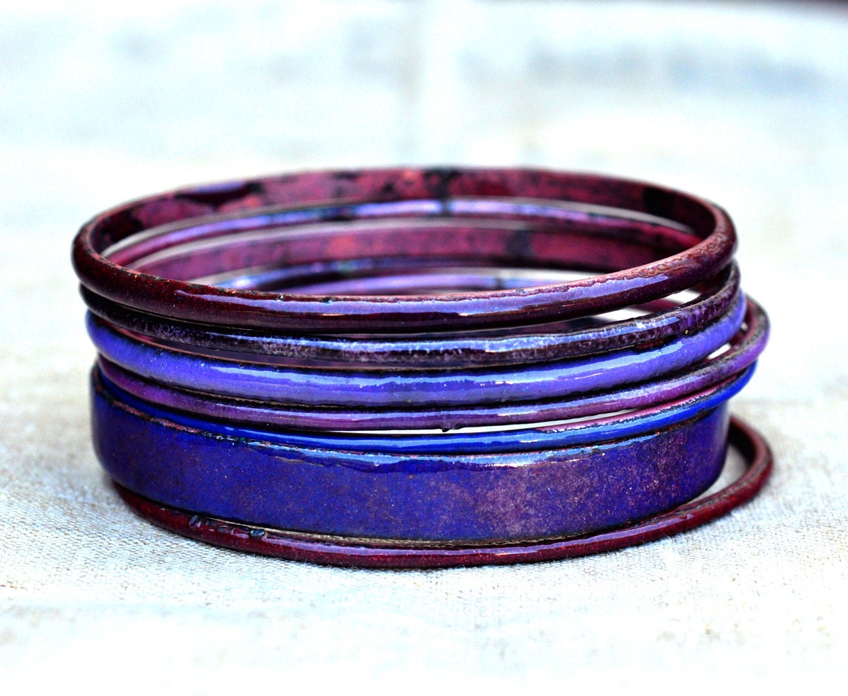 S A L E - Handmade Bangle Set - 'Lush Plum' - Plum Toned Enamel Bracelets