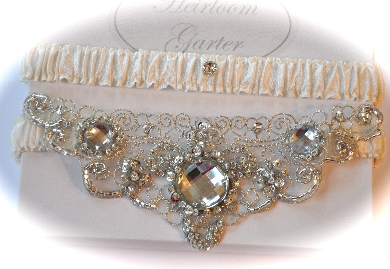 Wedding Garter Set Ivory Garter Set with Platinum Crystal Beaded Jewel Centering