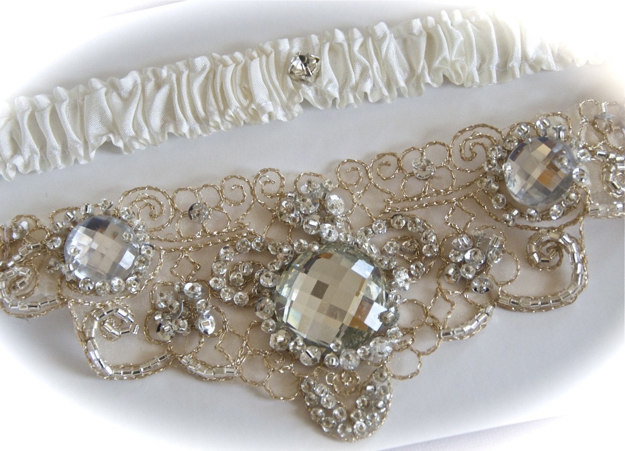 Wedding Garter Set in Champagne Garter with  Jeweled Centering