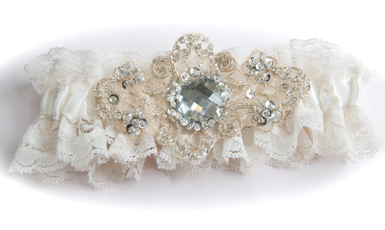 Something Old, Vintage Lace Bride Garter with Crystals and Embroidered Jewel Centering