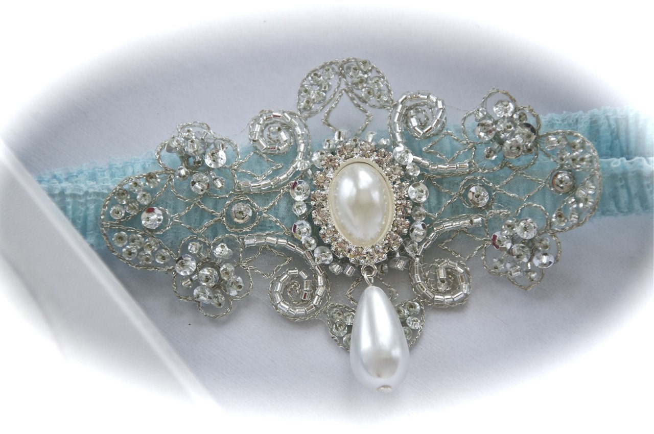 Bride Garter in Something Blue Sensually Narrow Lace with Exquisite Jeweled and Pearl Dangle