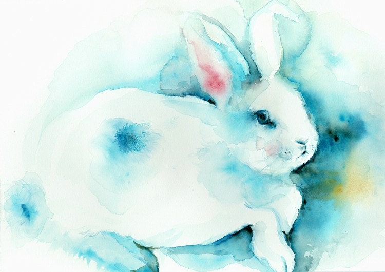 animal art, rabbit art,  "Blue" Large print-  children, nursery decor