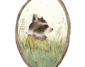 Raccoon art, "Loretta" archival art print, nature, nursery decor, woodland, raccoon watercolor, gold, green - amberalexander