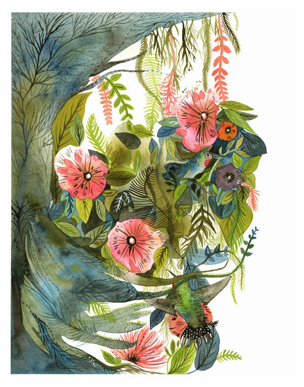 Hummingbirds- Archival print of Original Painting, botanical, bird art