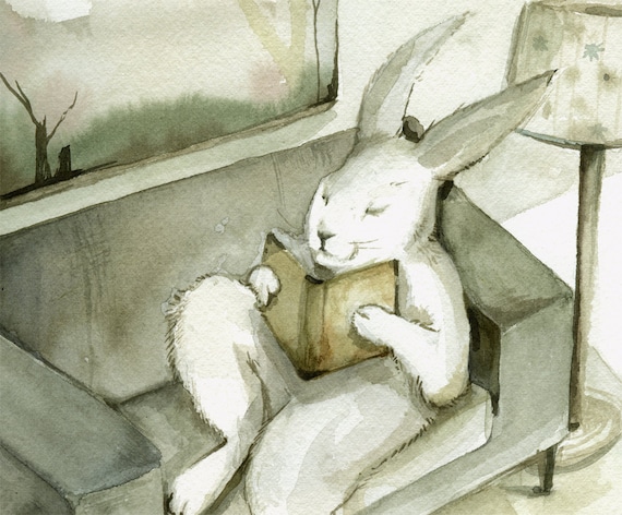 A Good Book- Rabbit Art,  Large Archival print of watercolor painting