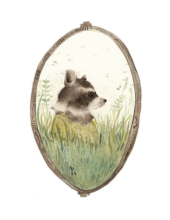 Raccoon art, "Loretta" archival art print, nature, nursery decor, woodland, raccoon watercolor, gold, green
