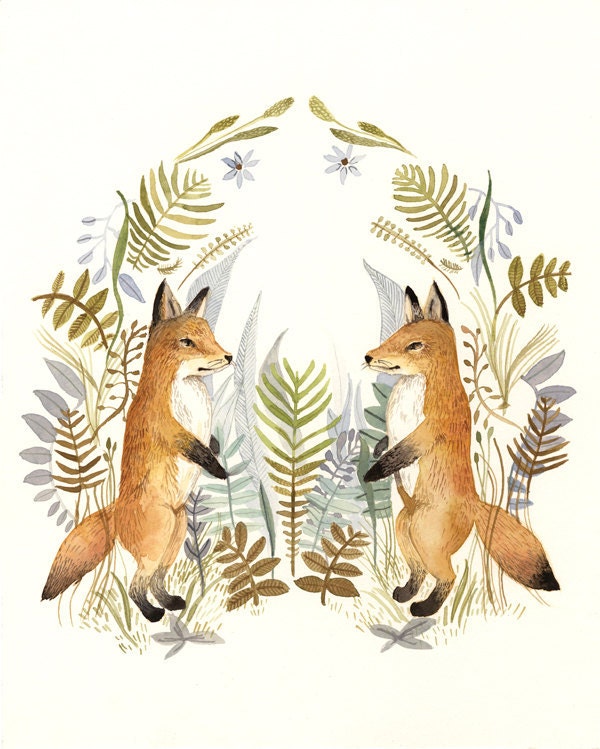 Foxes and Ferns Original Watercolor Painting