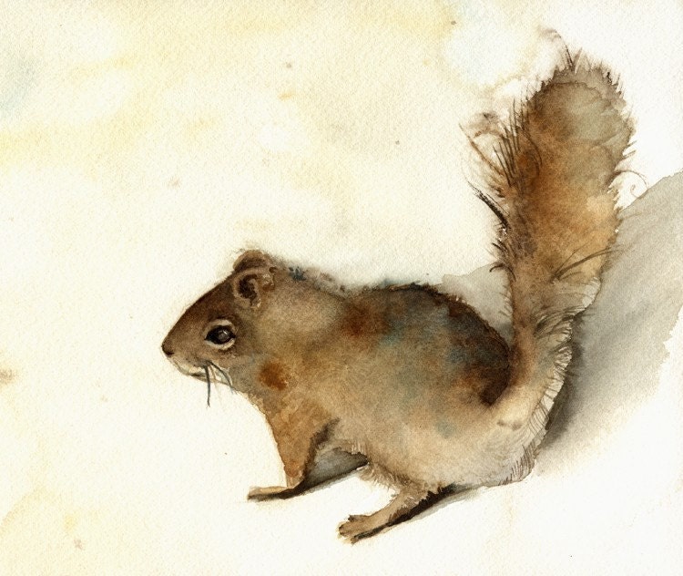 Squirrel art, painting, watercolor, nature decor, cottage, earth tones, sepia-Archival Art print