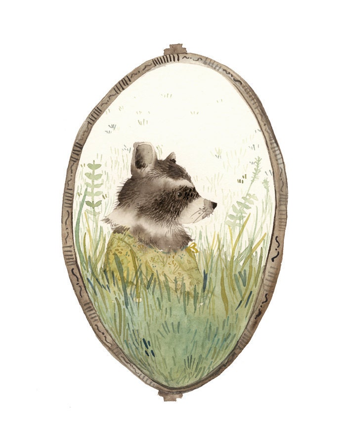 Raccoon art, "Loretta" archival art print, nature, nursery decor, woodland, raccoon watercolor, gold, green