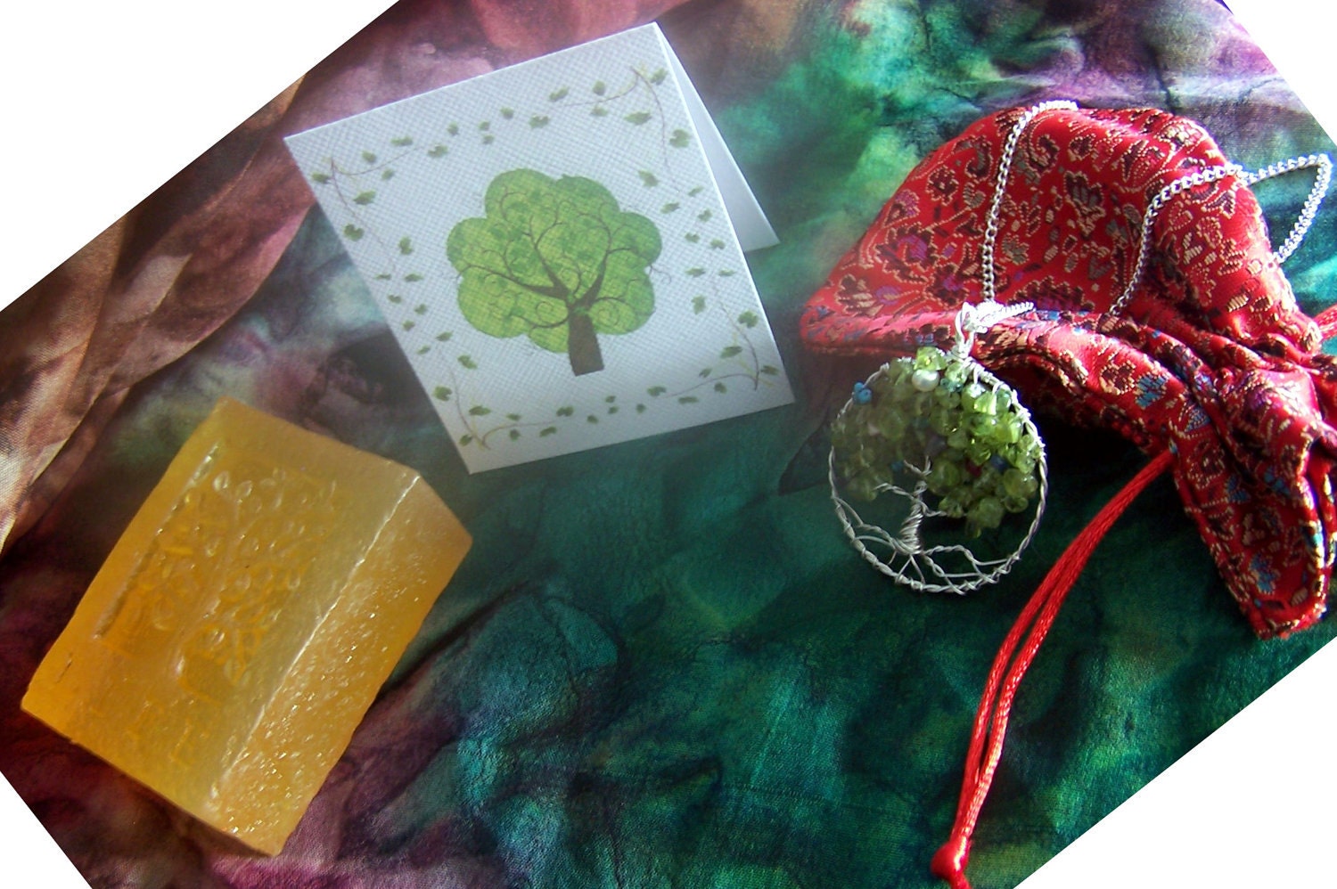 Tree of Life  gift Set - Family Tree Birthstone necklace, Soap, card,  Brocade Bag - Family Tree pendant Grandmother mother in law