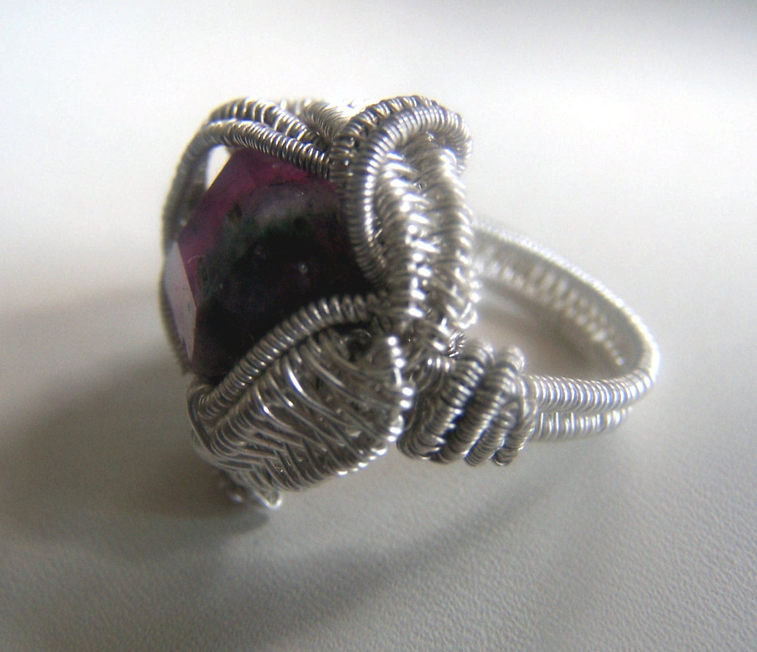 Watermelon Tourmaline Ring - Watermelon Tourmaline Crystal faceted Gemstone - wire wrap wire wrapped ring - Sterling SIlver size 7.5