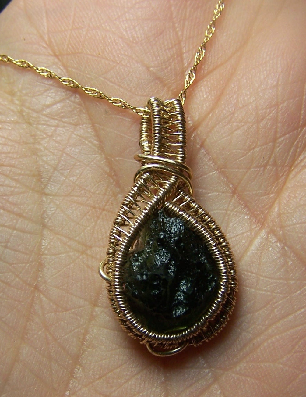Moldavite necklace pendant - 14 Karat Gold fill wire wrap - single stone - crystal gem mineral wire wrapped - mandalarain
