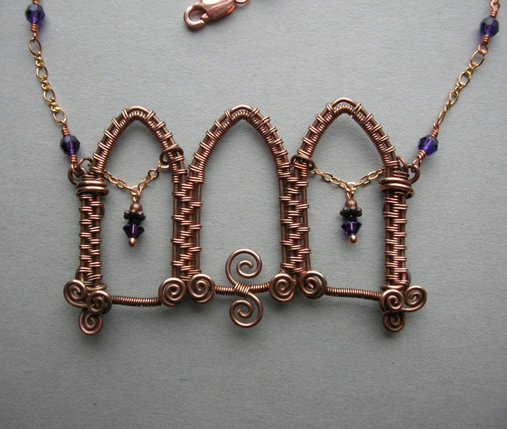 Gothic Triple Archway Woven Copper Necklace, Purple Crystals