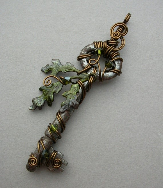 Oak Key Pendant -- Wire Wrapped Key Pendant with Green/Brown Inked Brass Triple Oak Leaves, Bronze Wire, Swarovski Crystal