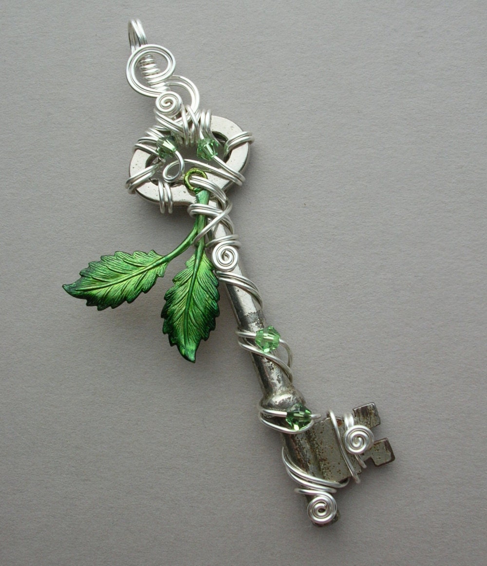 Spring Leaves Key Pendant -- Green Inked Birch Leaves Silver Wire Wrapped Key with Swarovski Crystals