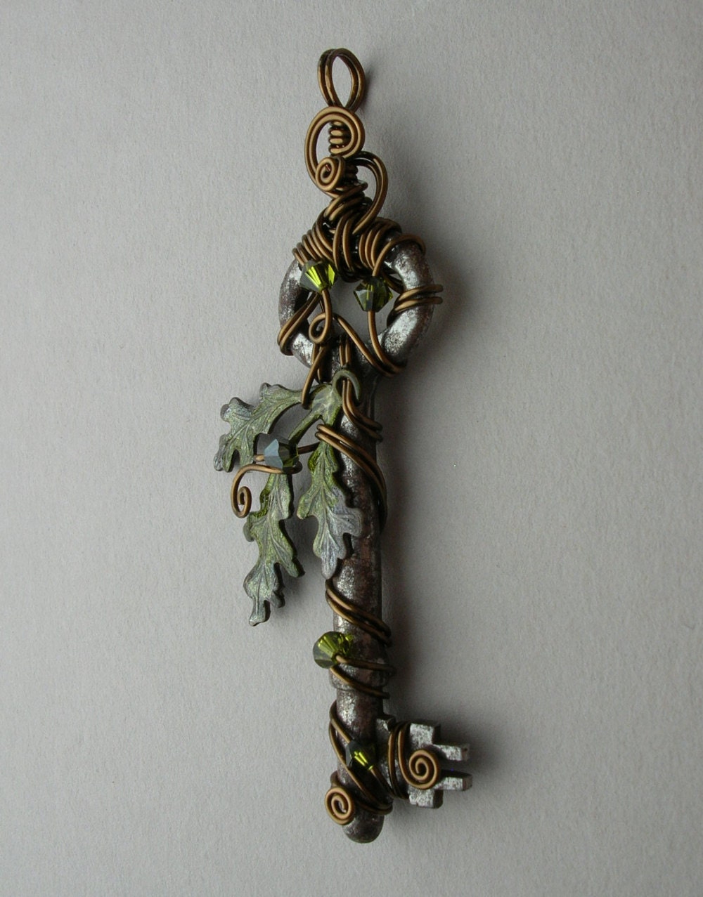 Oak Key Pendant -- Wire Wrapped Key Pendant with Green/Brown Inked Brass Triple Oak Leaves, Bronze Wire, Swarovski Crystal