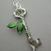 Spring Leaves Key Pendant -- Green Inked Birch Leaves Silver Wire Wrapped Key with Swarovski Crystals