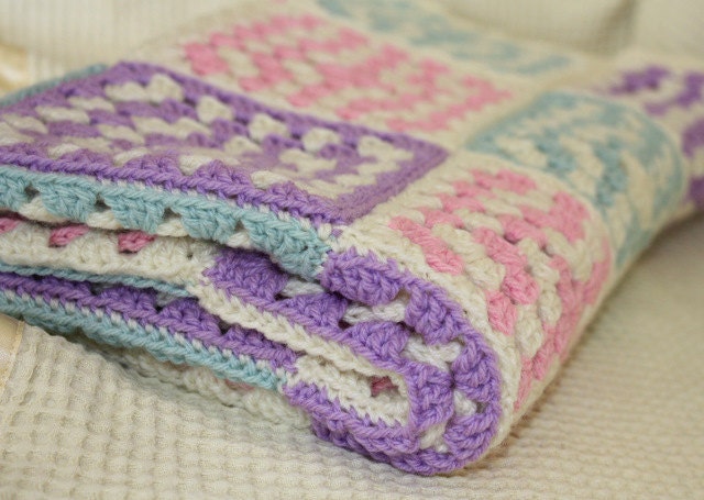 Crochet Baby Blanket Granny Square Pattern in Pink, Purple, Light Blue and Cream Made to Order