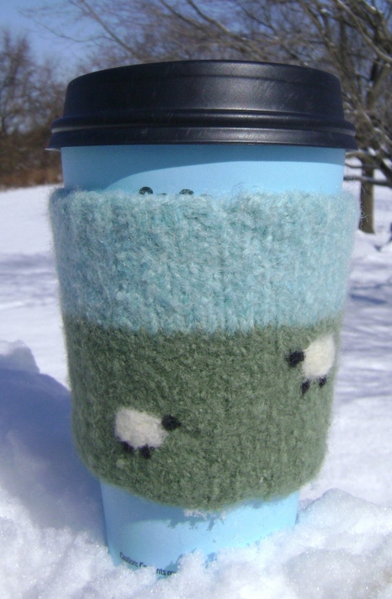 Felted Sheep Grazing Coffee Cozy