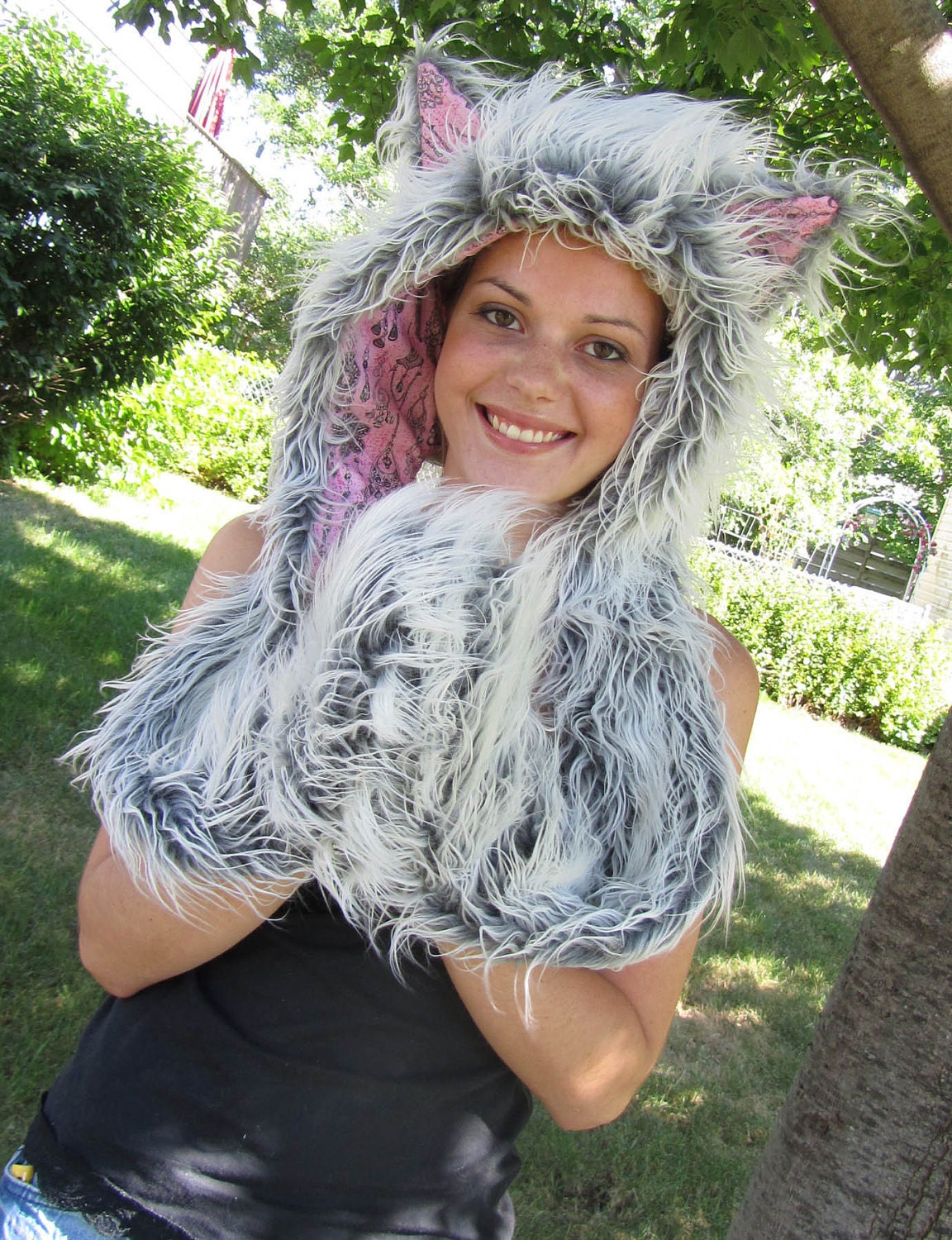 Faux Fur Grey & Pink Sparkle Chandelier Hat Hood Burningman Scoodie (Scarf / Hoodie)