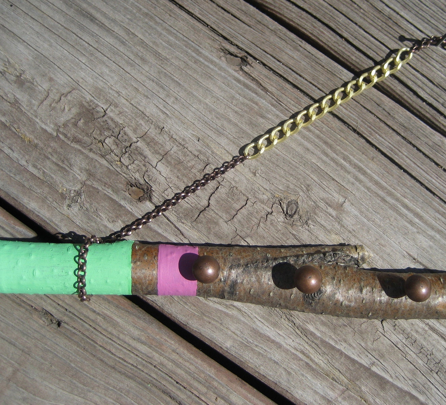 Painted Branch Necklace Organizer- Pistachio, Purple- Wrapped with Gold Thread and Navy Lace