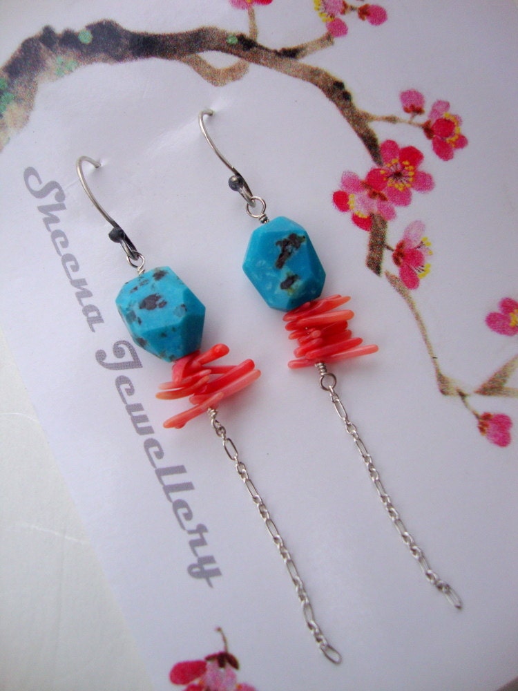 Geometric turquoise stone earrings with coral color beads