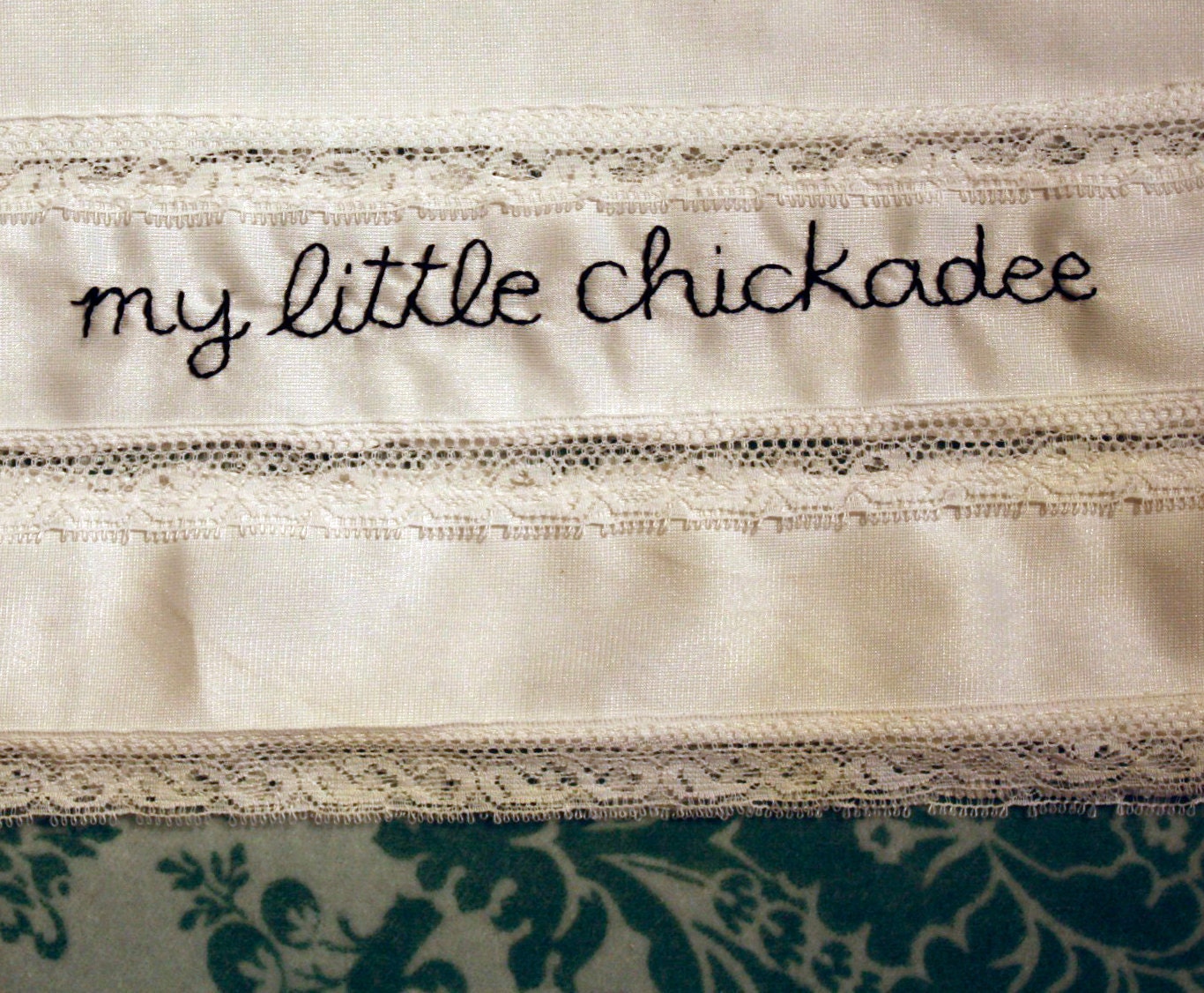 My Little Chickadee - hand embroidered white slip lingerie