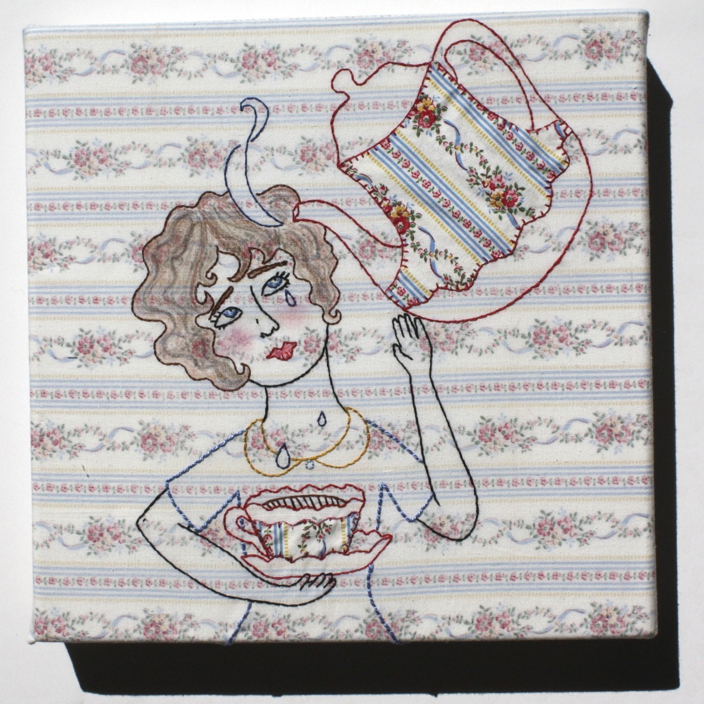 Sob Sister - Tea Pot and Flapper Girl - Hand Embroidery on Canvas