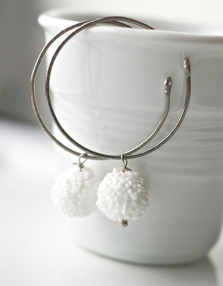 White glass earrings, Vintage sugar glass beads, sterling silver