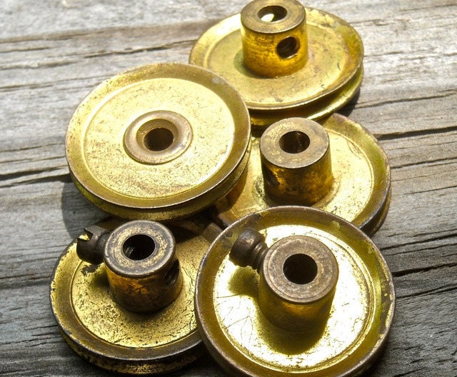 Industrial Steampunk supplies 3 brass pullies vintage toy metal Meccano England