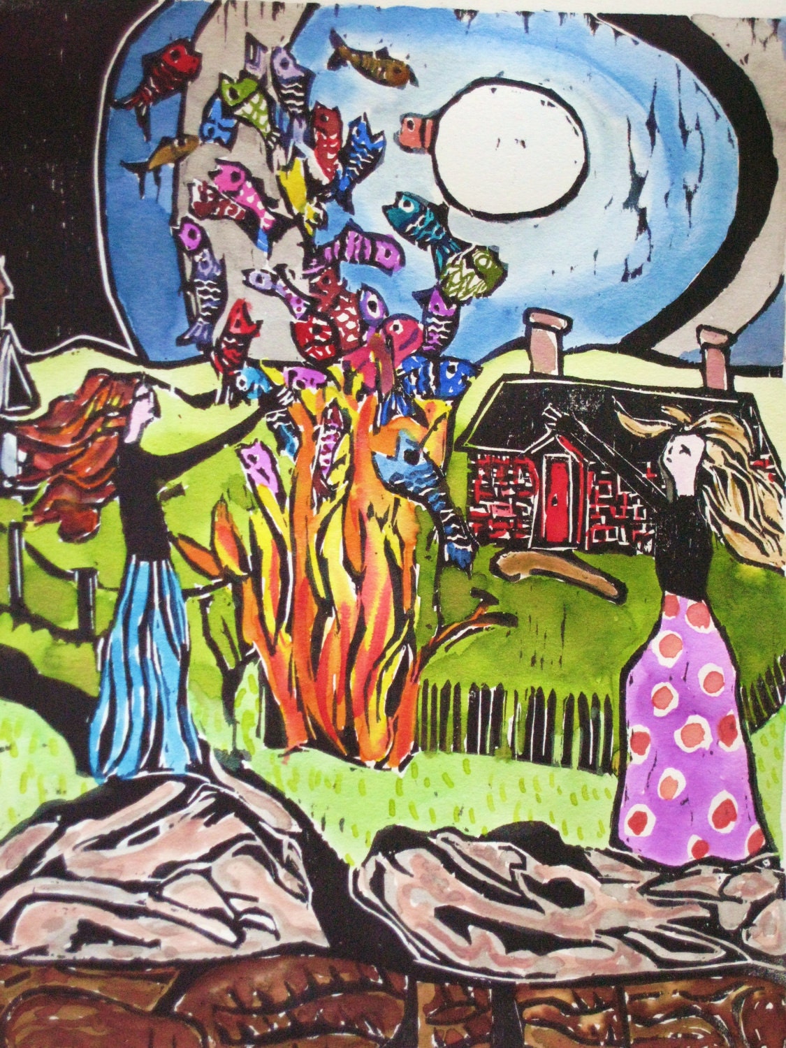 Bonfire of the Fish Spirits - original woodblock print