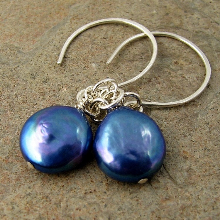 Peacock Blue Pearl Earrings Sterling Silver French Hoop Dangle Earrings Coin Pearl Jewelry