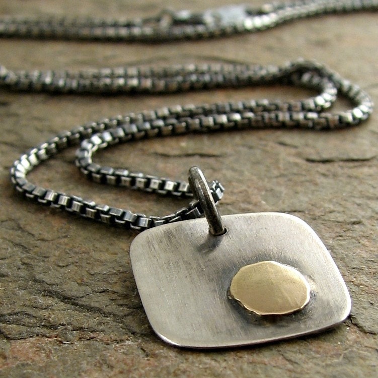 Modern Sterling Silver Solid 14k Gold Mens Necklace, Rustic Oxidized Silver Jewelry, Man Fashion Accessory Mixed Metal
