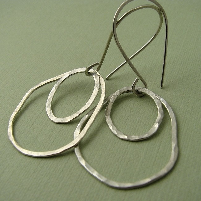 Large Hammered Circle Sterling Silver Earrings, Unique Dangle Earrings ...