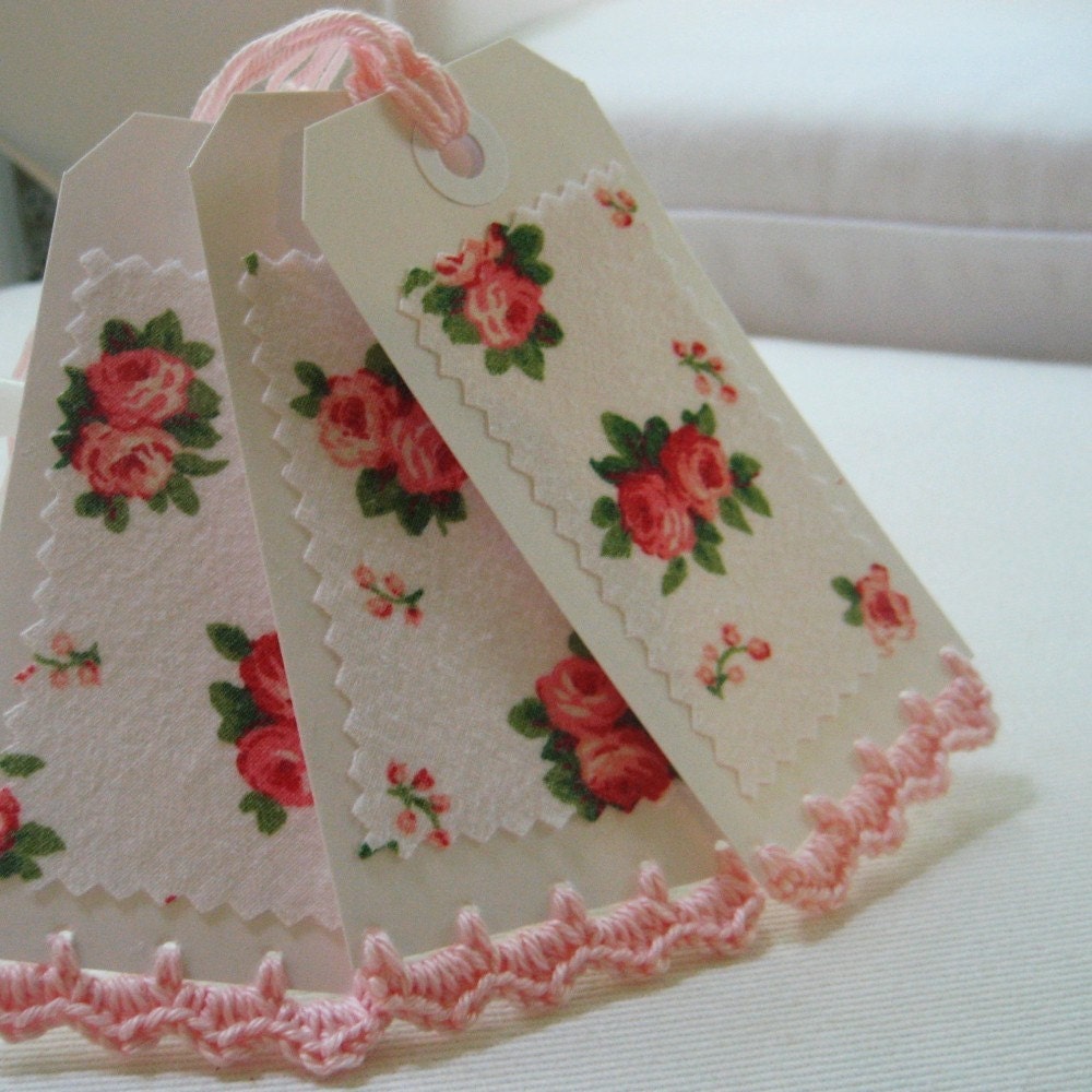 Handmade Gift Tags Vintage Roses and Crochet Edge (set of 3)