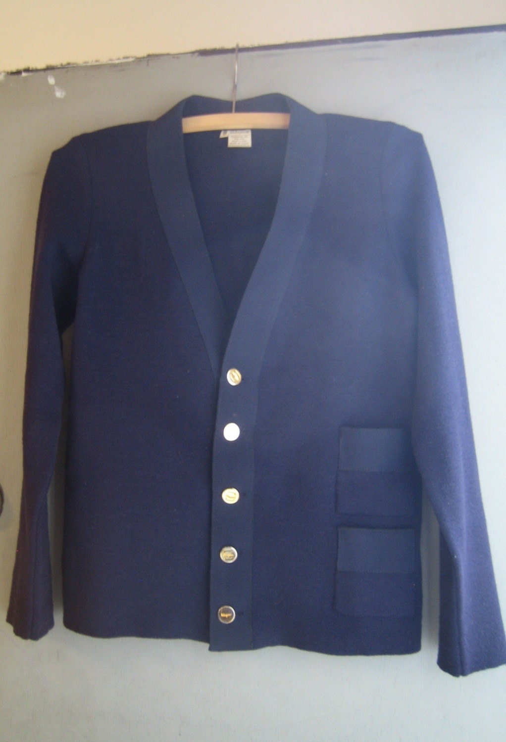 Vintage Salvatore Ferragamo Navy Wool Cardigan with Logo Buttons