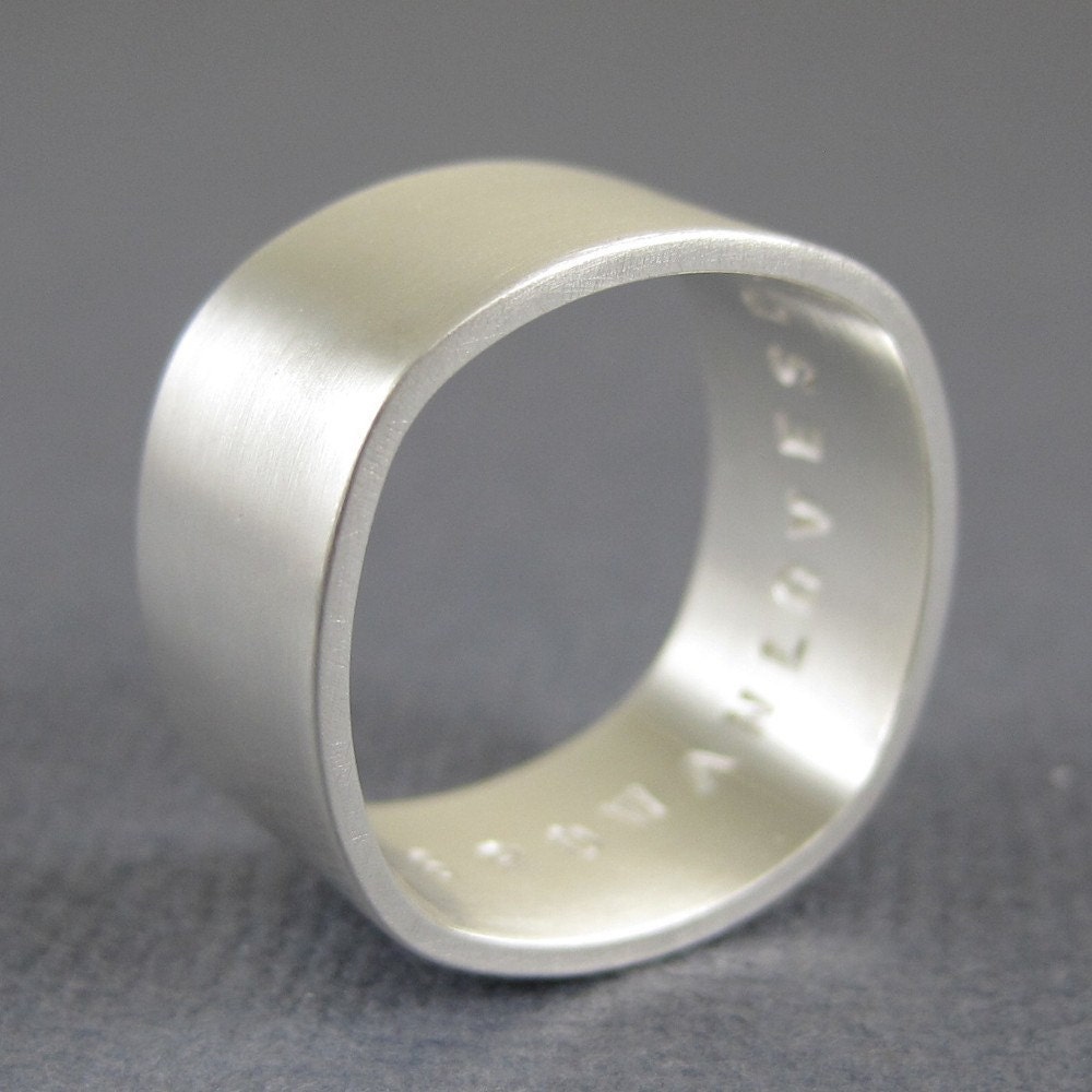 Square sterling silver ring  with custom inscription in matte finish - 10mm wide