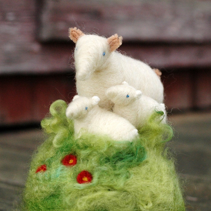 Mama Sheep and her Two Lambs in a Meadow - Needle Felted Pincushion - Made to Order