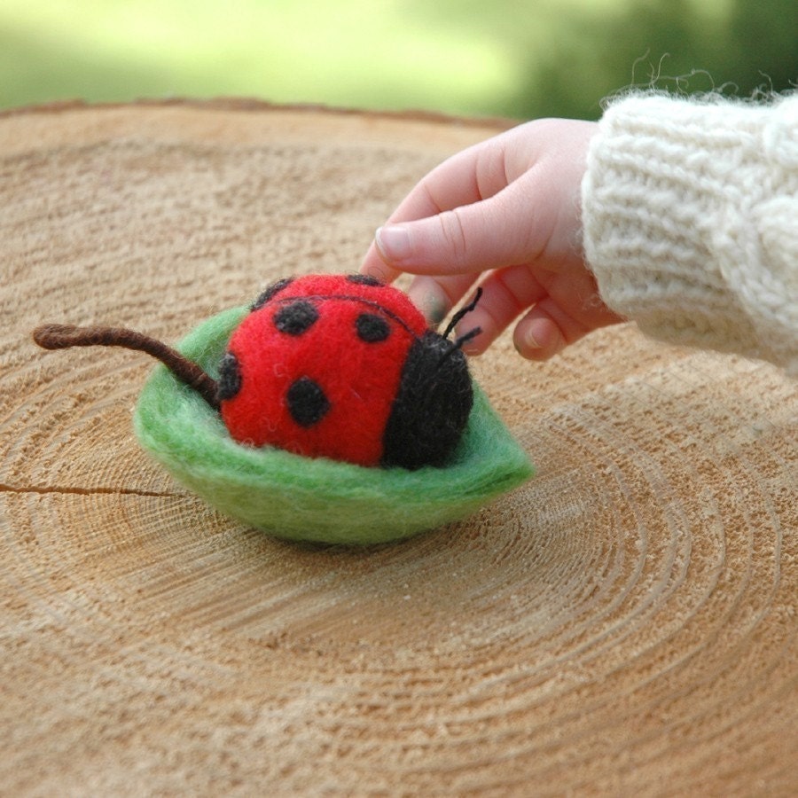 Ladybug in a Leaf Bowl - Needle Felted Natural Toy or Decor