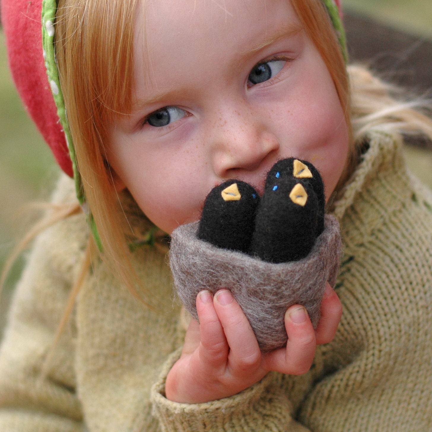 Baby Black Birds in a Nest - Felted Autumn Whimsy