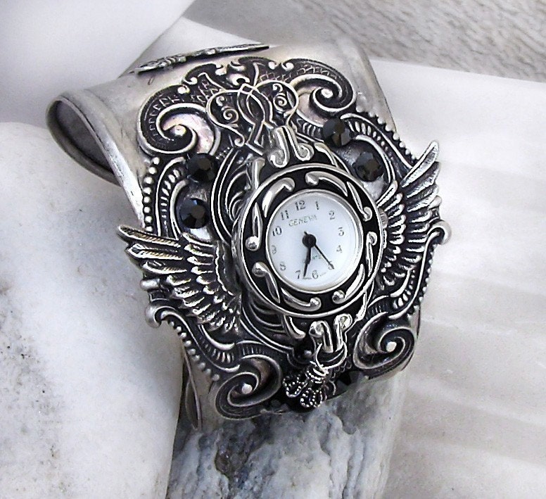 Silver Watch black rhinestones gothic Jewelry mens watch womens wristwatch