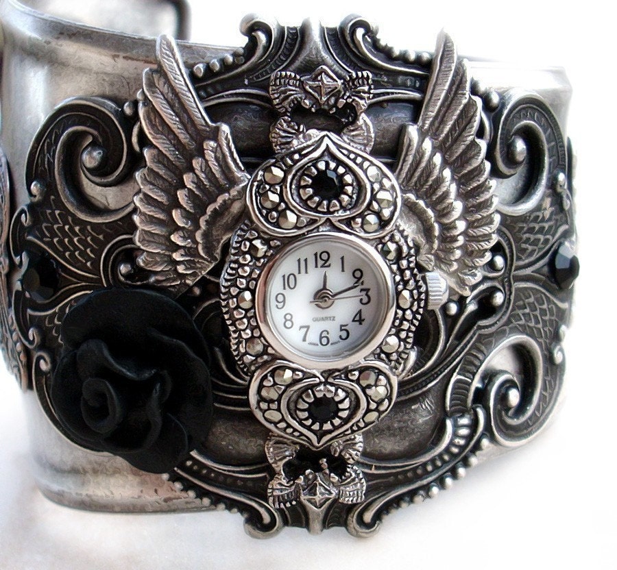 Gothic Cuff Watch women wings black rose Gothic Jewelry