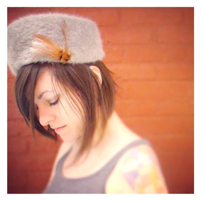 Vintage Fuzzy Canadian Soft Pillbox Hat with Feather
