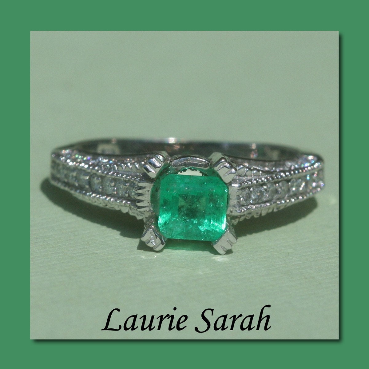 Columbian Emerald and Diamond Ring - Vintage Inspired with Pave Diamonds and Milgrain - LS251