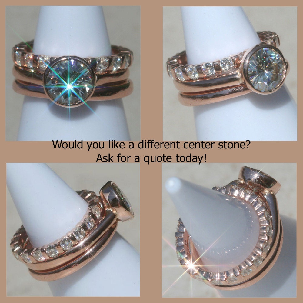 Moissanite Wedding Set in Rose Gold with one plain wedding band, and one diamond eternity wedding band - LS1213