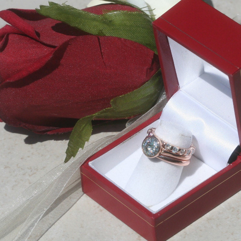 Moissanite Wedding Set in Rose Gold with one plain wedding band, and one diamond eternity wedding band - LS1213