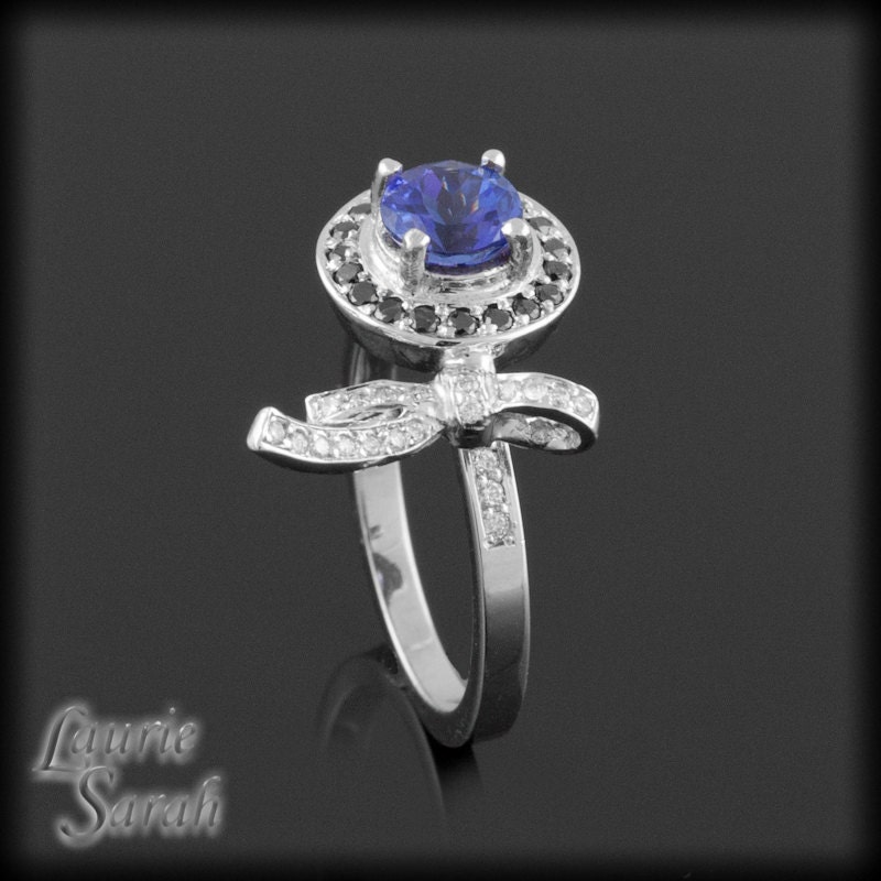 10% Off - Was 2,433.00 - Tanzanite and Black Diamond Halo Designer Bow Ring - Laurie Sarah Designs Exclusive - LS795